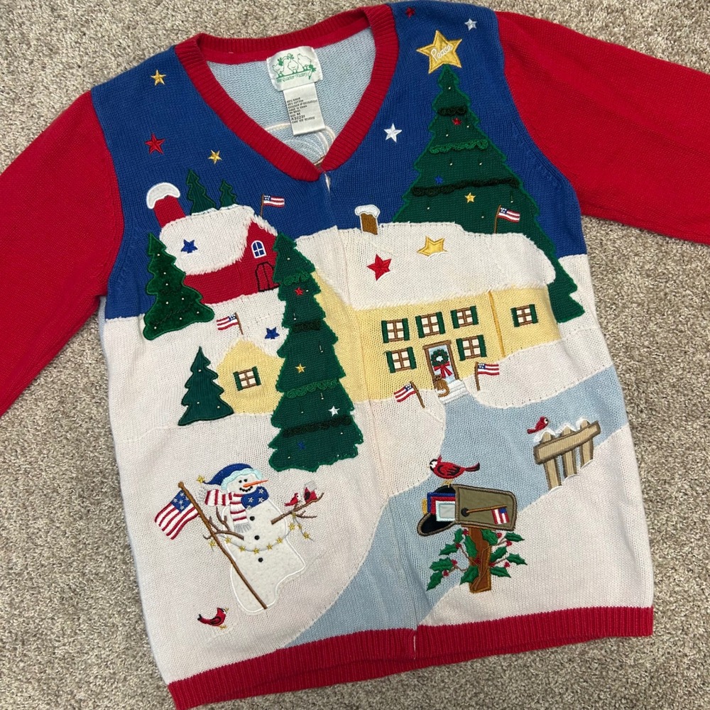 Vintage Christmas Winter Patriotic Cardigan Sweater Women Medium Quacker Factory